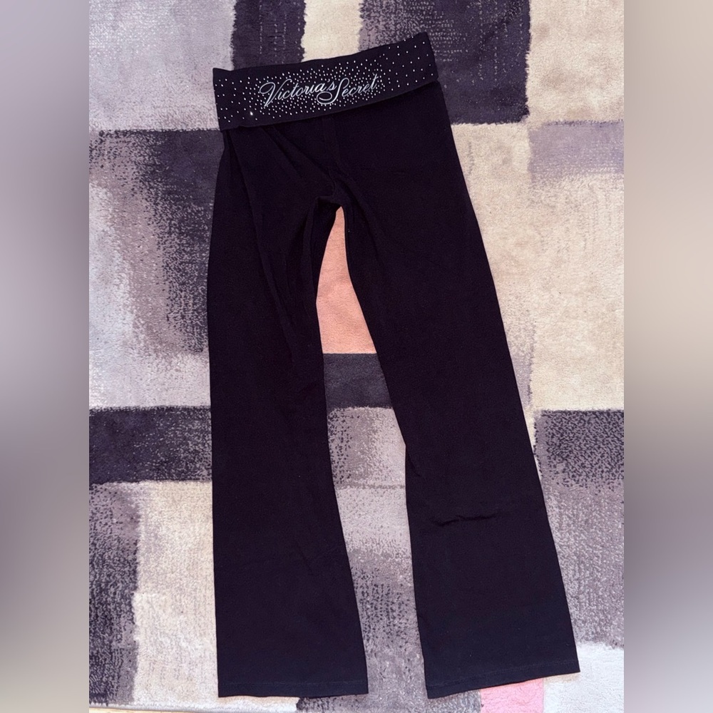 Victoria's Secret black foldover yoga pants bling logo M leggings Y2K Vintage!